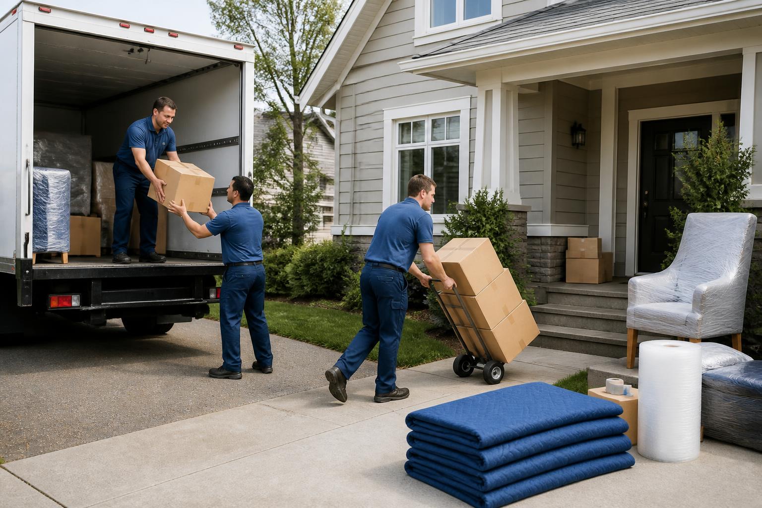 Moving crew with a dolly, stacked cardboard boxes and blue moving blankets loading a white box truck outside a suburban home