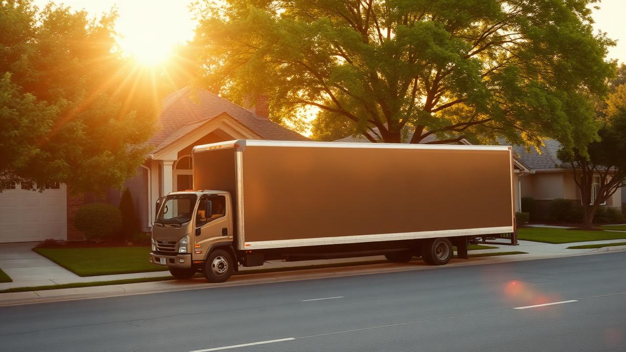 Moving truck in a sunny American suburban neighborhood at golden hour